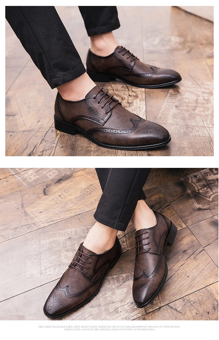 Lace-up casual leather shoes Men's wedding carved Brogues men's formal business pointed shoes Groom's leather shoes - Sun Studio