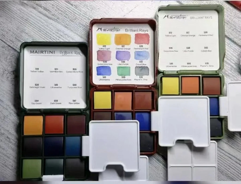 MAIRTINI Mini Travel Watercolor Set Solid Aquarell Paint 9 Colors Portable Palette Painting Tools with Brushes Art Supplies - Sun Studio