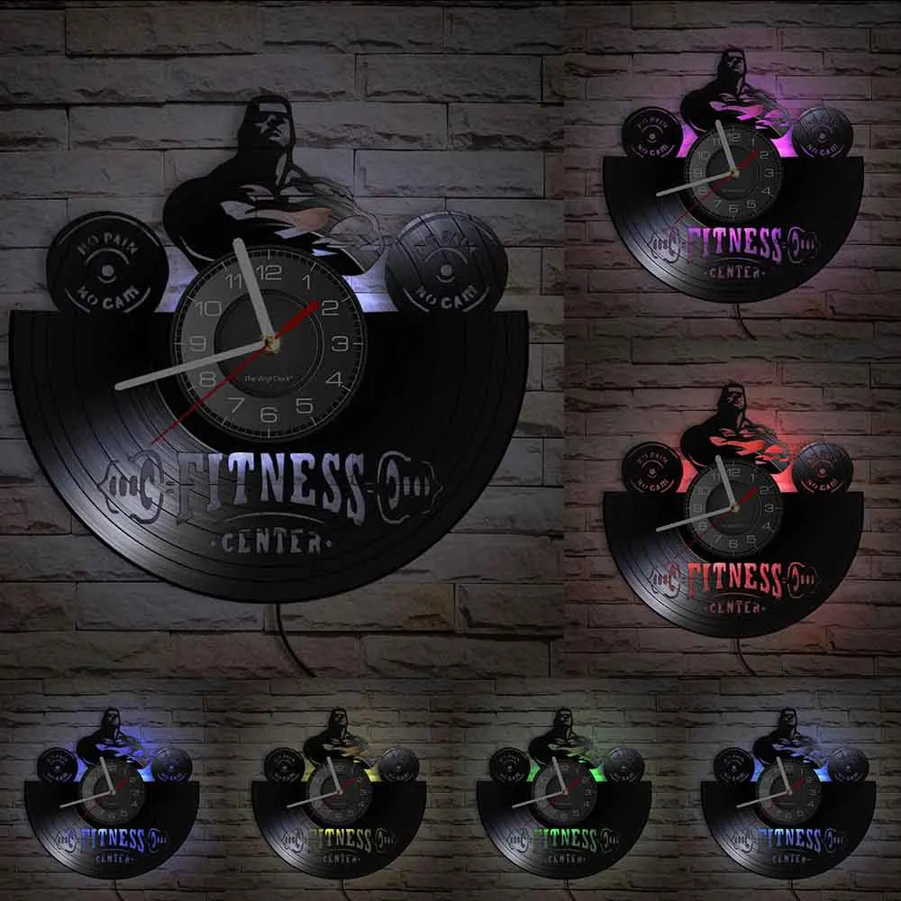 Fitness Equipment Theme Vinyl Record Fitness Wall Clock Home Decoration LED Backlight Modern Fitness Watch