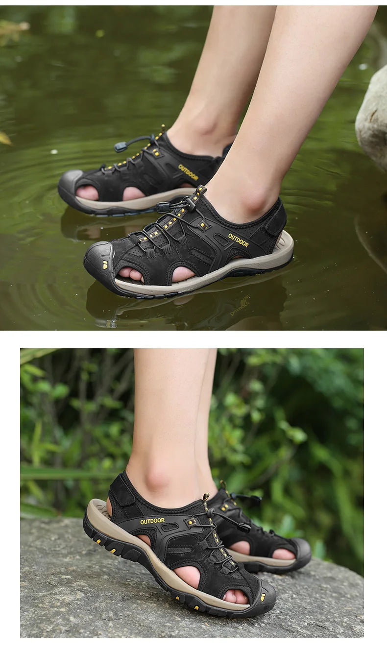 Men's Sandals Top Cowhide Upper Hollow Out Round Toe Outdoor Beach Walking Non Slip Durable Summer Beach Shoes Adjustable Buckle - Sun Studio