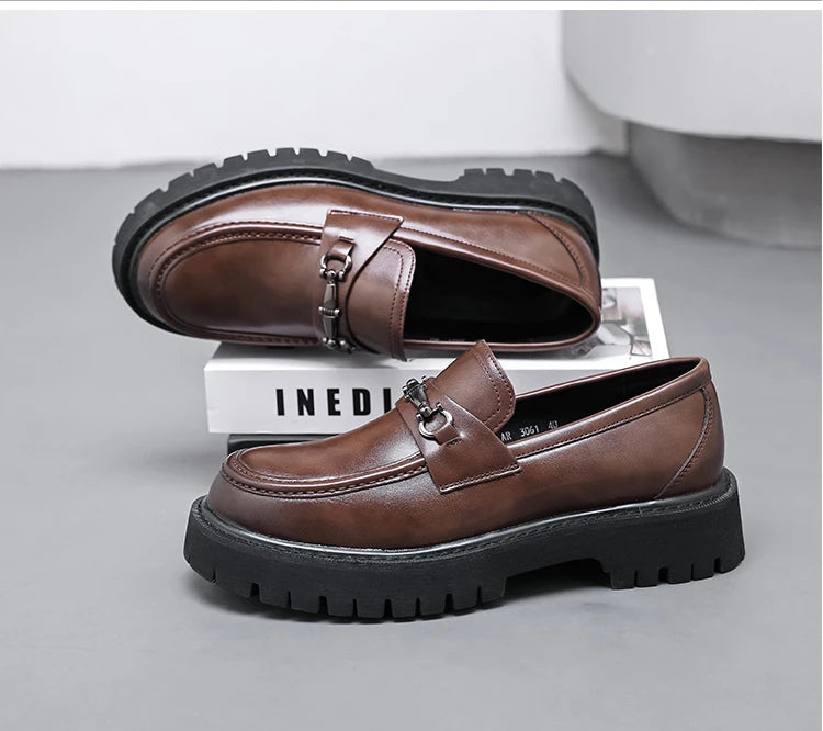 STRONGSHEN Men Leather Shoes Thick-soled British Style Formal Business Shoes Fashion Luxury Slip-On Round Toe Office Casual Shoe - Sun Studio