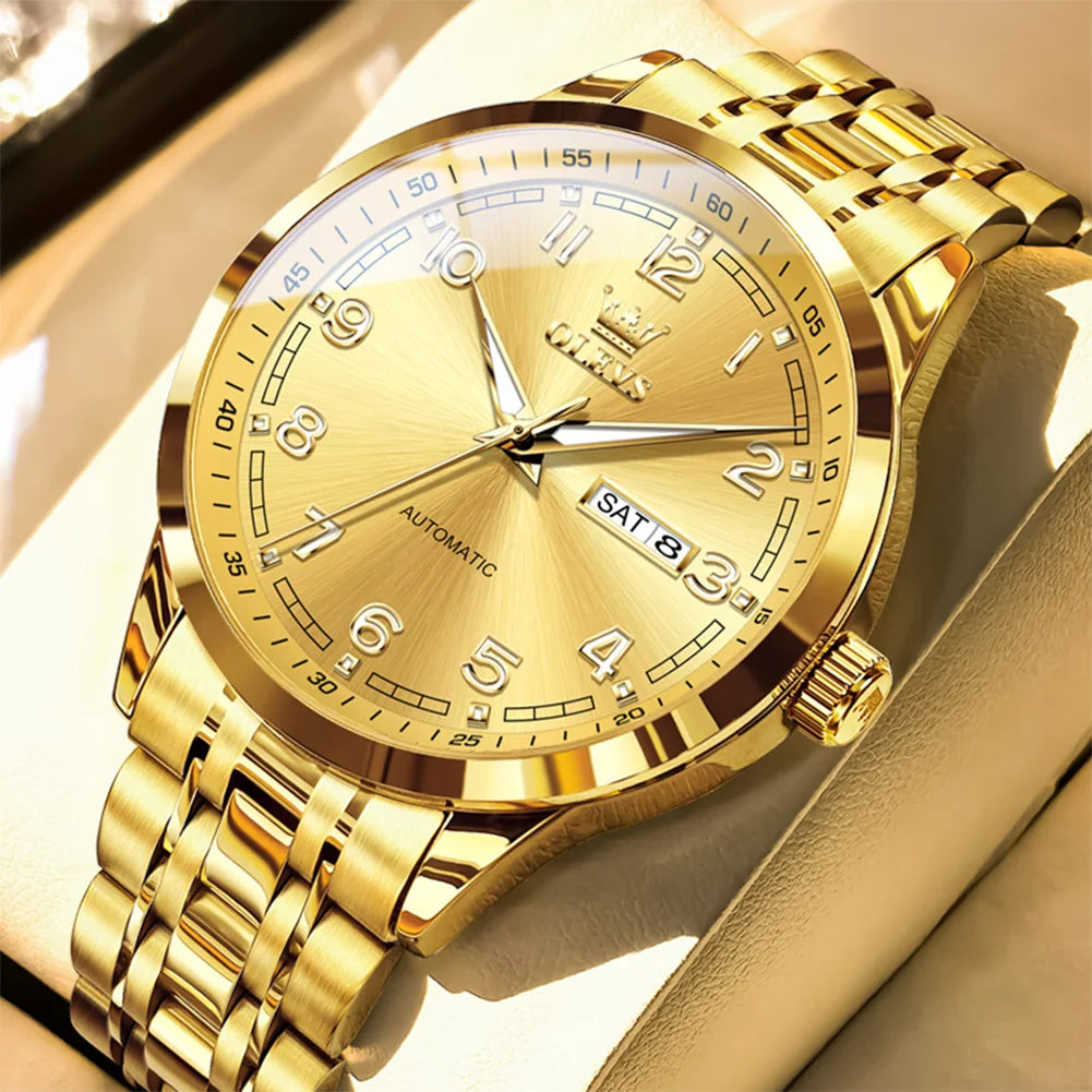 OLEVS Men Watches 7077 Luxury Fashion Top Brand Original Automatic Mechanical Watch for Man Double Scale Simple Trend Waterproof - Sun Studio