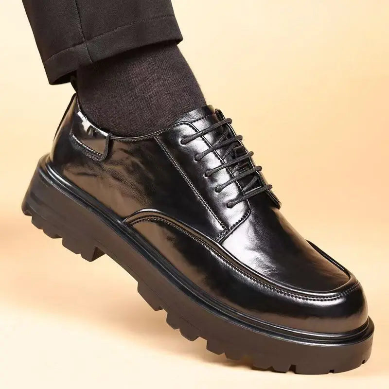 Round Toe Height Increasing Thick Sole Black Leather Shoes for Men Low Price High Quality Social Fashion New in Man Casual Shoe - Sun Studio