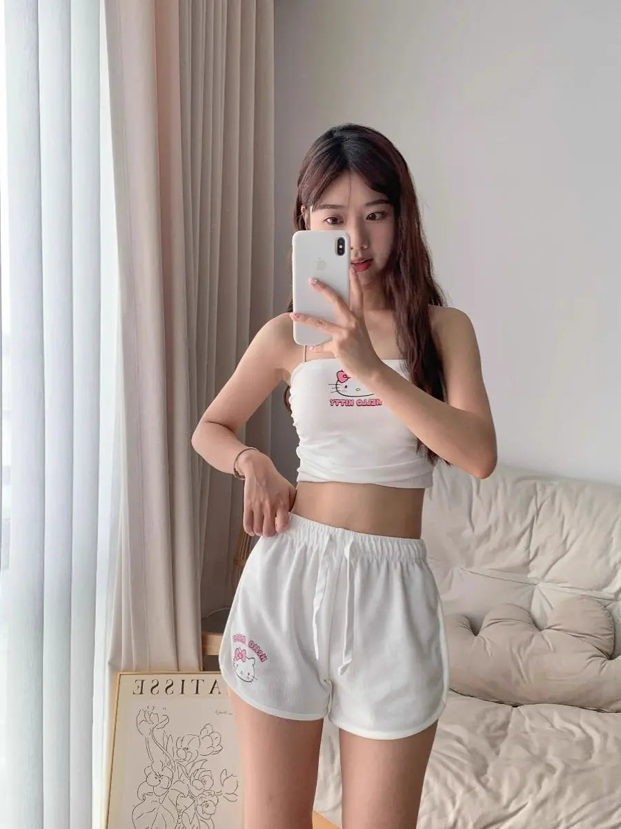 Kawaii Hello Kitty Cartoon Beach Swimsuit Sanrio Women Vest Shorts Suit Pajamas Homewear Casual Underwear Home Clothes Girl Gift - Sun Studio