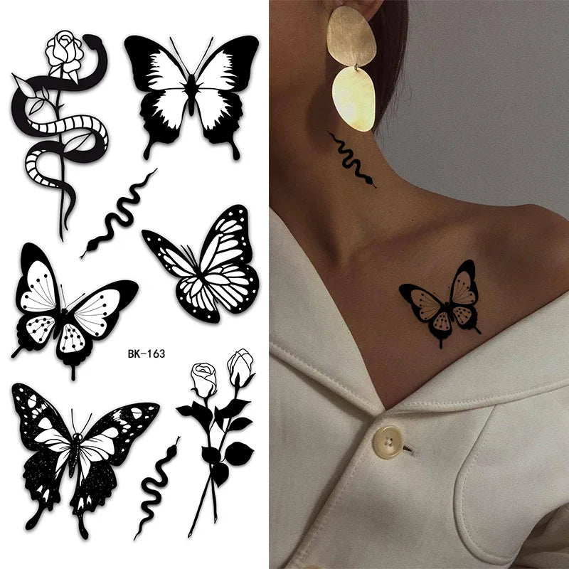 Black White Temporary Transfer Tattoos Floral Butterfly Lettering Line Art Waterproof Body Stickers for Music Festival Party