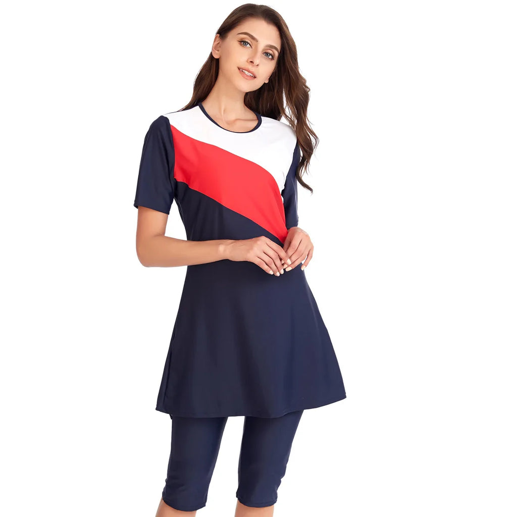 Short Sleeve Muslim Swimwear for Women, Modest Patchwork Hijab, Sport Swimsuit, Islamic Burkinis, Bathing Suit - Sun Studio