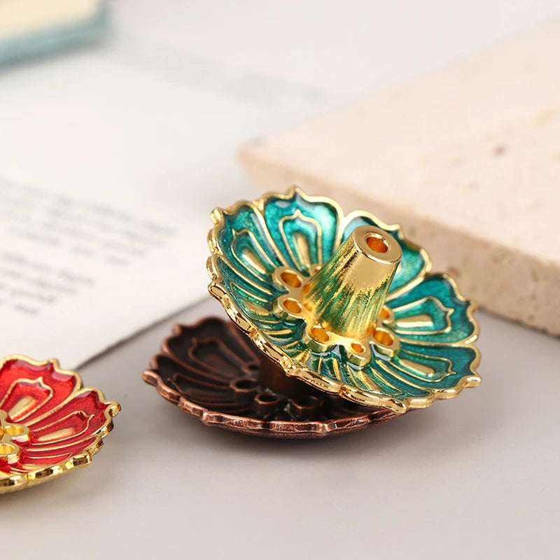 1Pc Lotus Alloy Incense Burner Stick Holder Home Buddhism Line Incense Plate Sandalwood Coil Base Delicate Temples Home Decor - Sun Studio