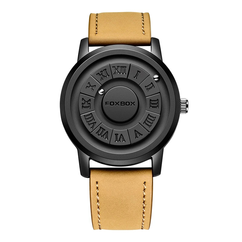 FOXBOX Montre à quartz pour homme, mode, personnalité, créative, boule de fer défilante, pointeur magnétique, étanche pour montres masculines, cadeau + boîte