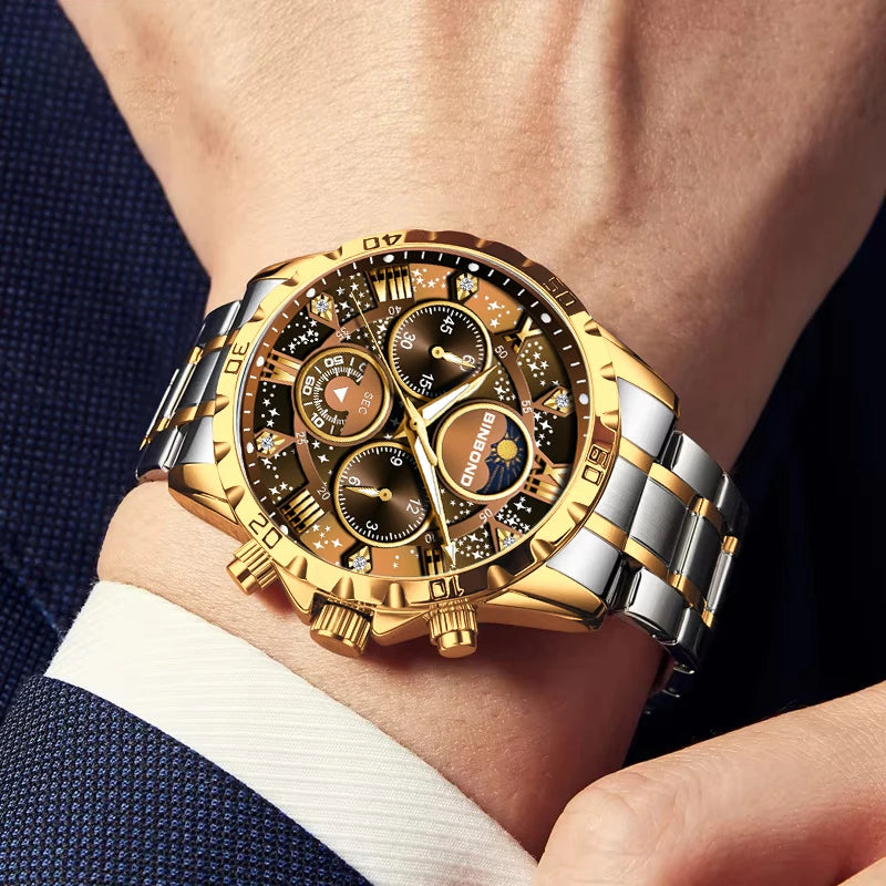 BINBOND Luxury Fashion Men Watches Multi-functional Stainless Steel Original Quartz Wristwatch Moon Phase Chronograph Waterproof - Sun Studio