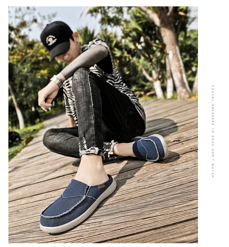 Casual Slip on Mens Shoes Outdoor Walking Comfortable Canvas Slippers Korean Trend Baotou Half Drag Slides Zapatillas Hombre - Sun Studio