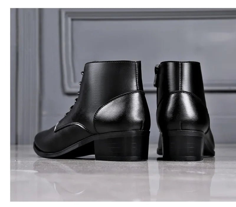 Men's Boots Fashion High-top Casual Boot Pointed Tip Business Leather Boots for Men Plush Warm Winter Boots Lace Up Ankle Botas - Sun Studio