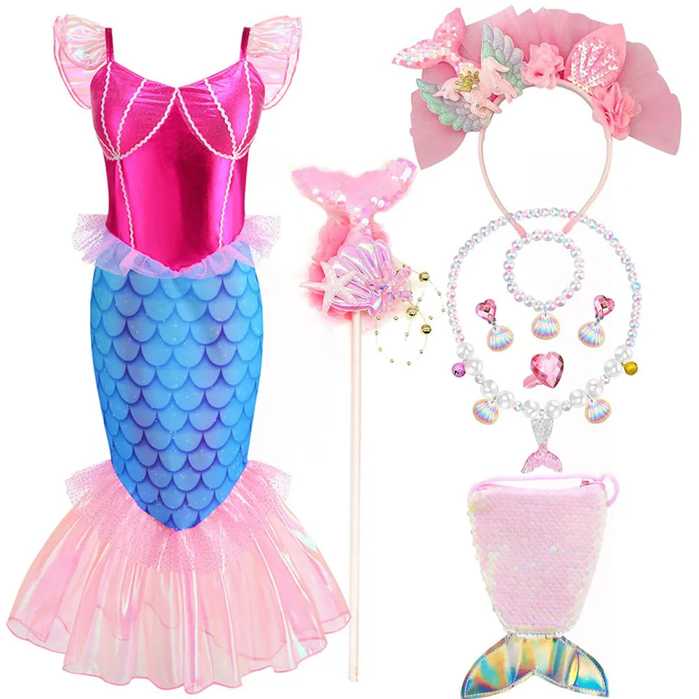 Disney Blue Red Purple Three Colors Mermaid Flying Sleeve Fishtail Beautiful Dress For Girl Summer Beach Party Cool Swimsuit Set - Sun Studio