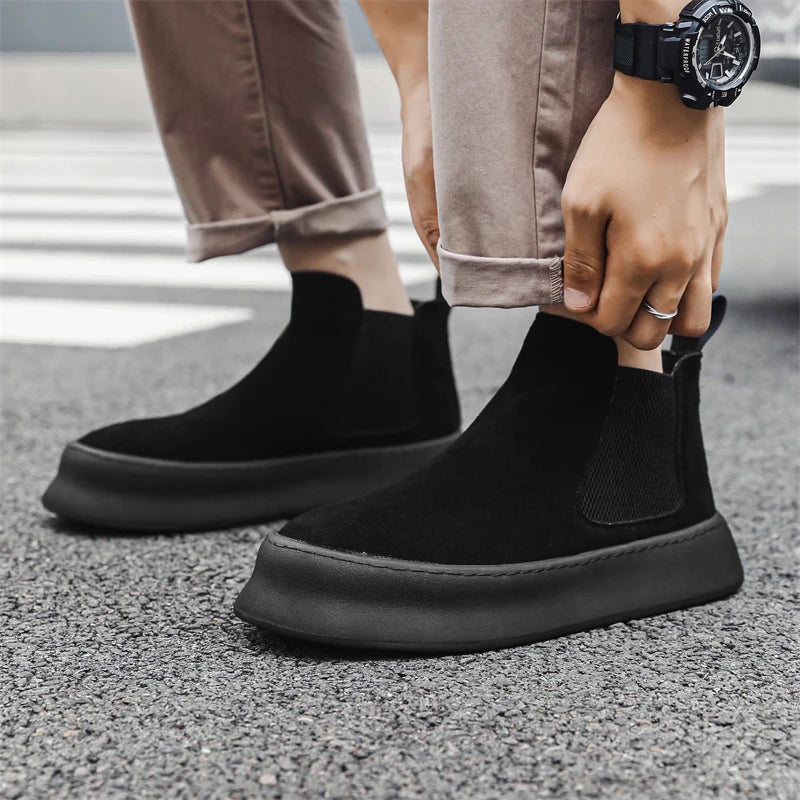 Fashion Brand Men Genuine Leather Mid Top Boots with British Style Autumn Winter Men Anti Slip and Wear-resistant Chelsea Boots