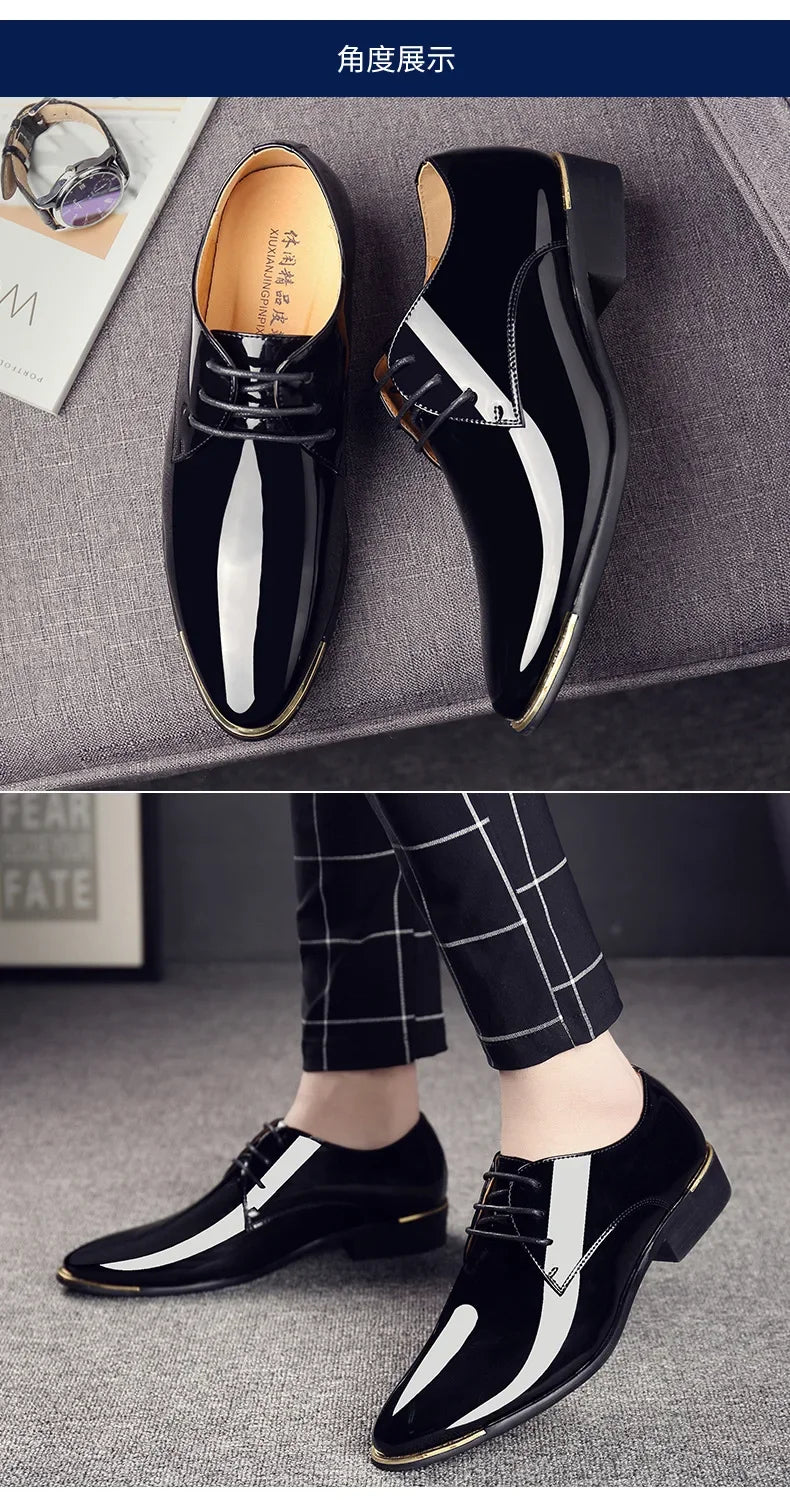 2024 New Men’s Patent Leather Shoes  British Style Men's Dress Shoes Lace Up Pointed Toe Wedding Business Party Social Shoe Male - Sun Studio