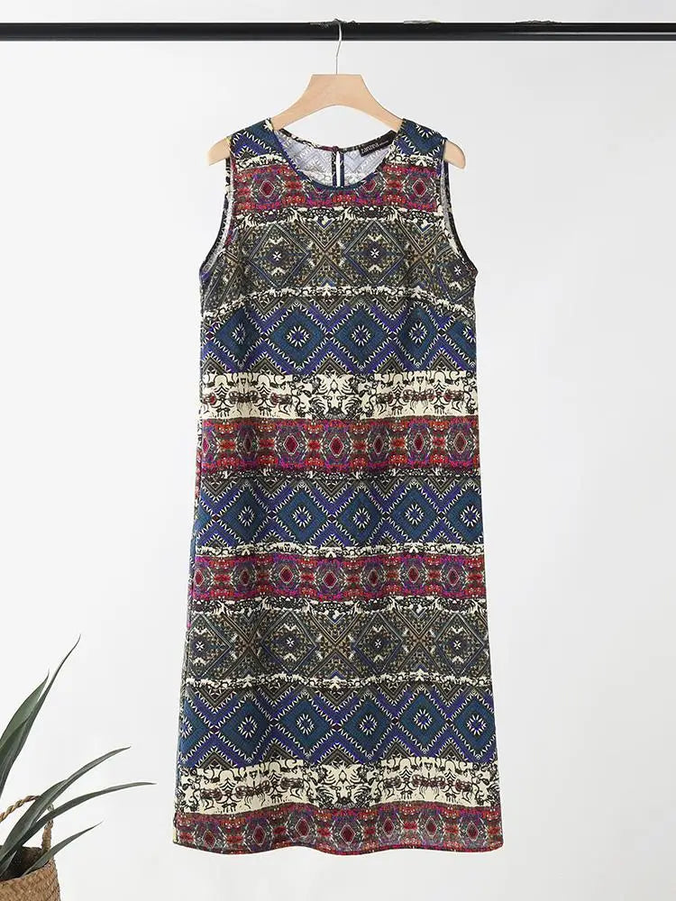 Women Bohemain Sleeveless Sundress ZANZEA Summer Printed Dress Vintage Beach Holiday Vestidos Casual O Neck Baggy Midi Dresses - Sun Studio