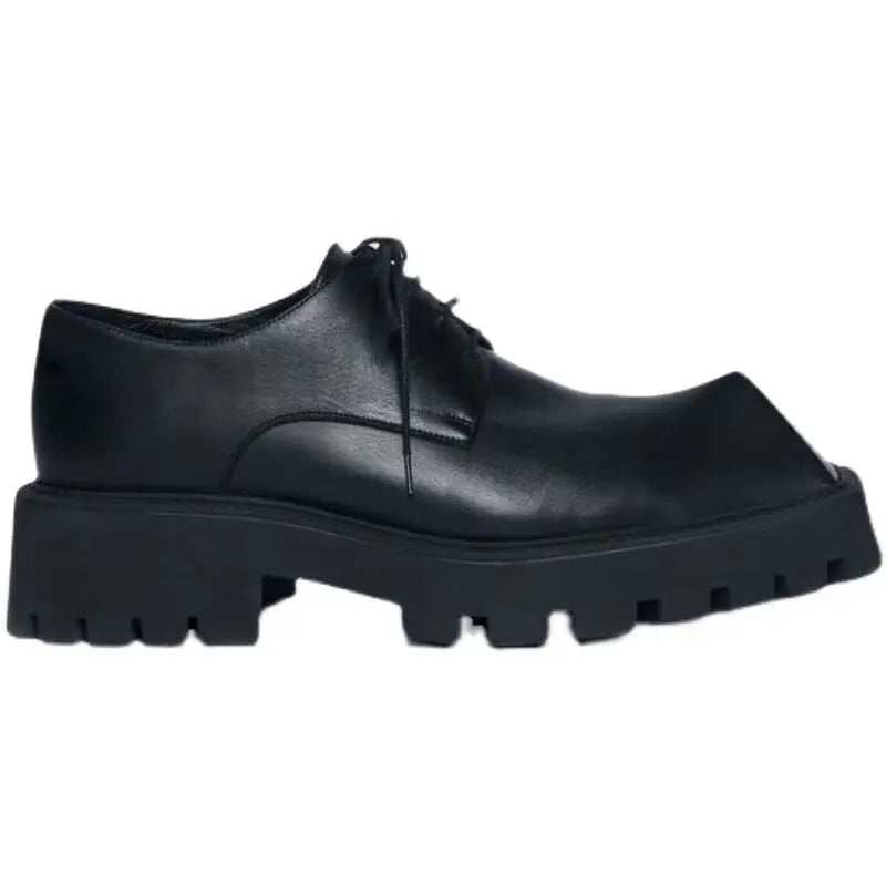 2025 Men's Big Head Leather Niche Design Casual Platform Rhino Horn Square Single Sneakers Derby Shoes - Sun Studio