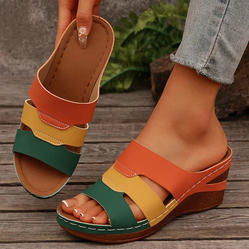 Summer Contrast Color Wedge Sandals for Women 2025 Comfortable Thick Sole Beach Slippers Woman Casual Anti Slip Outdoor Slides - Sun Studio