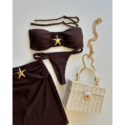 3 Piece Bikini Women Swimsuit 2024 Female Swimwear Sexy Bikini Set Swimming Suit Bathing Suit Biquini Skirt Shiny Cover Ups - Sun Studio