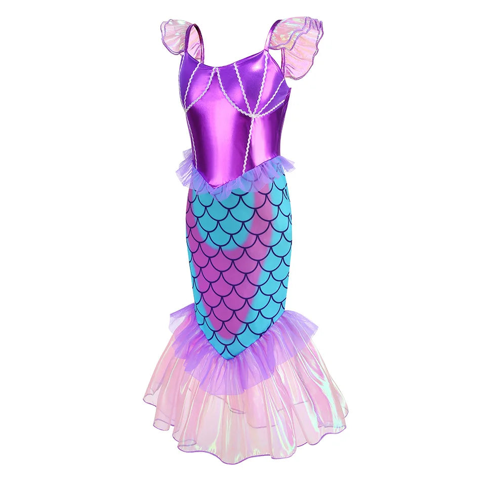 Disney Blue Red Purple Three Colors Mermaid Flying Sleeve Fishtail Beautiful Dress For Girl Summer Beach Party Cool Swimsuit Set - Sun Studio