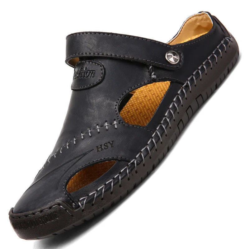 Large Size Men's Sandals Casual Leather Beach Shoes Breathable Slip-On Durable Stitched Construction Comfortable Walking Sandals