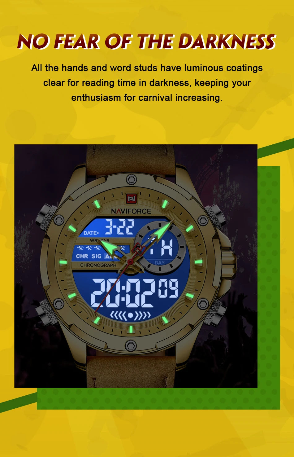 NAVIFORCE Luxury Original Watches For Men Casual Sport Chronograph Alarm Quartz WristWatch Leather Waterproof Digital Clock 9163 - Sun Studio
