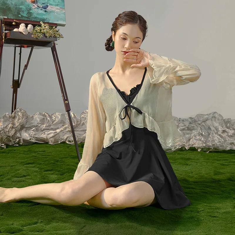 2025 New Swimsuit for Women Conservative Belly Covering and Slimming Hot Spring Super Fairy Cover Long Sleeves - Sun Studio