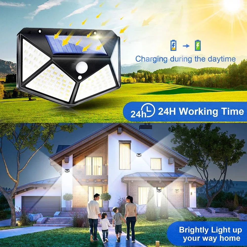 1pcs Solar LED LIGHT LED Outdoor Garden Lamp 100LEDs Human Body Induction Wall Lamps Four Sides Charging Home Decor Road Lights - Sun Studio