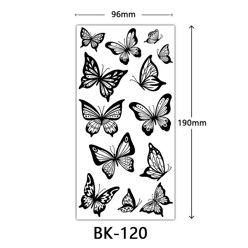 Rosenblüten-Tattoo Temporäres wasserdichtes Schmetterlings-Fake-Tattoo für Frauen Schwarzes Blumen-Skizzen-Tattoo-Aufkleber