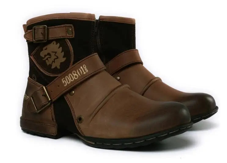 Men's Ankle Boots High Quality Cowboy Boots Men Metal Buckle Side Zipper Motorcycle Boots Gothic Boots Retro Western Boots - Sun Studio