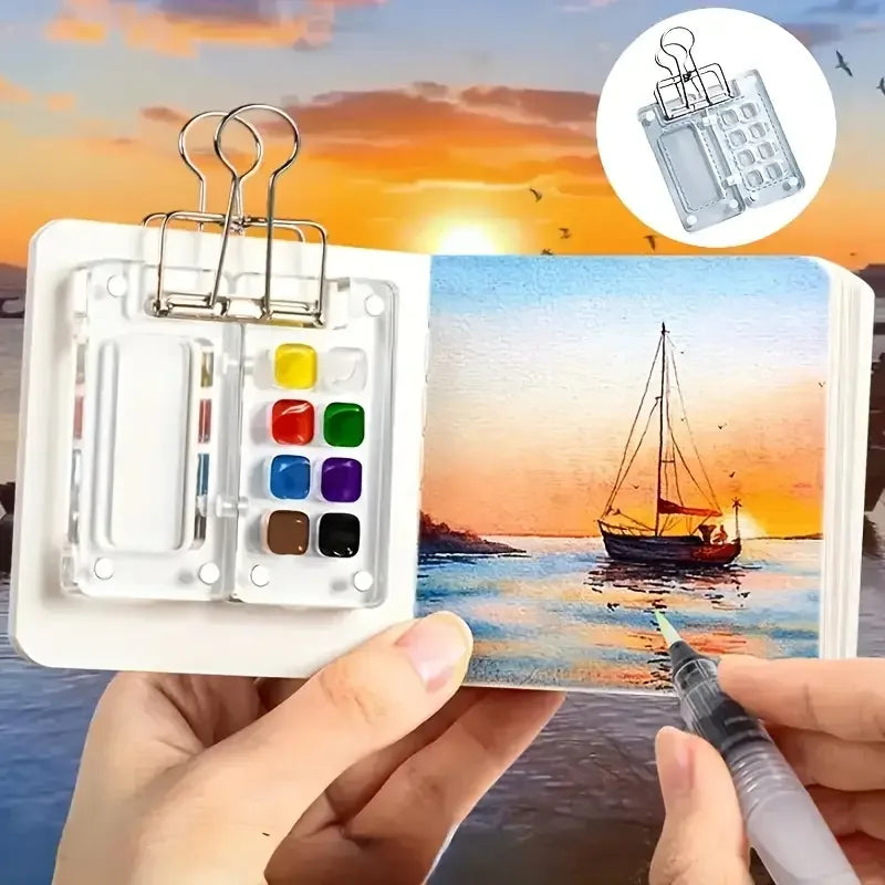 8/15-Grid Acrylic Mini Watercolor Palette –Portable Travel Paint Box with 1 Water Pen,1Watercolor Book ,12colors Pigment for Art - Sun Studio