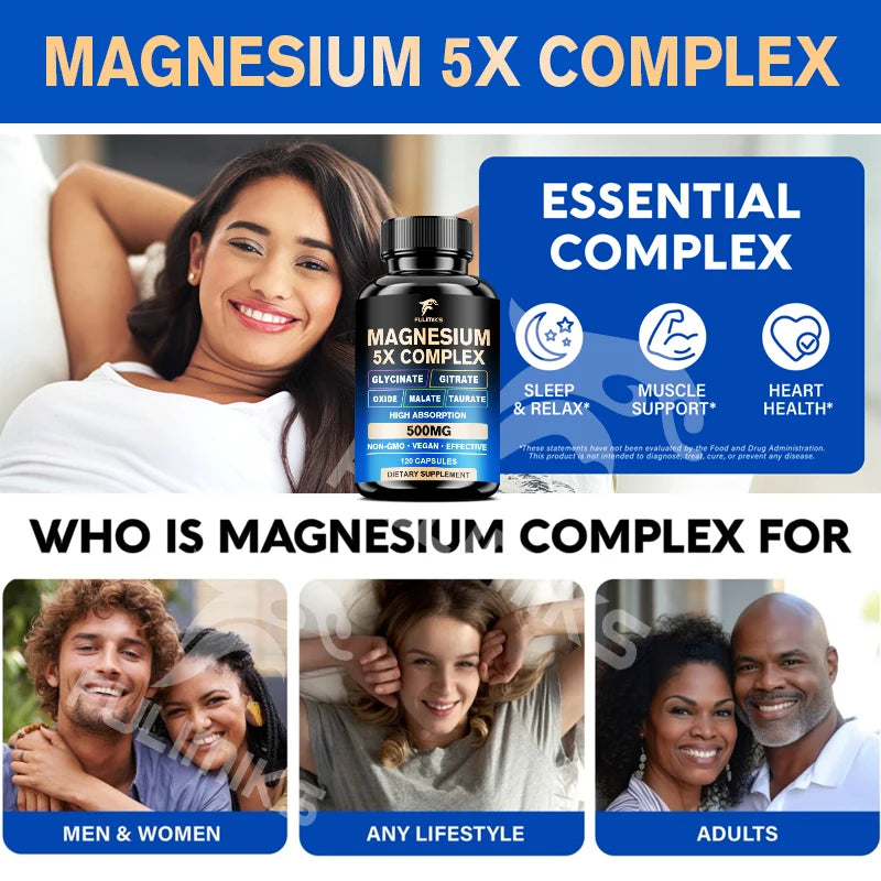 Magnesium Pills Supplement - 5 in 1 Complex, Glycinate, Citrate, Malate, Taurate, Oxide - Stress, Muscle & Heart Support - Sun Studio