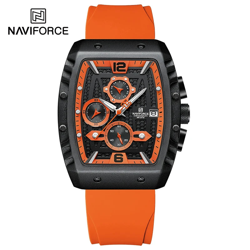 NAVIFORCE Creative Barrel-Shaped Dial Men Watches Fumed Silica Strap Waterproof Quartz Chronograph Date Display Male Wrist Watch - Sun Studio