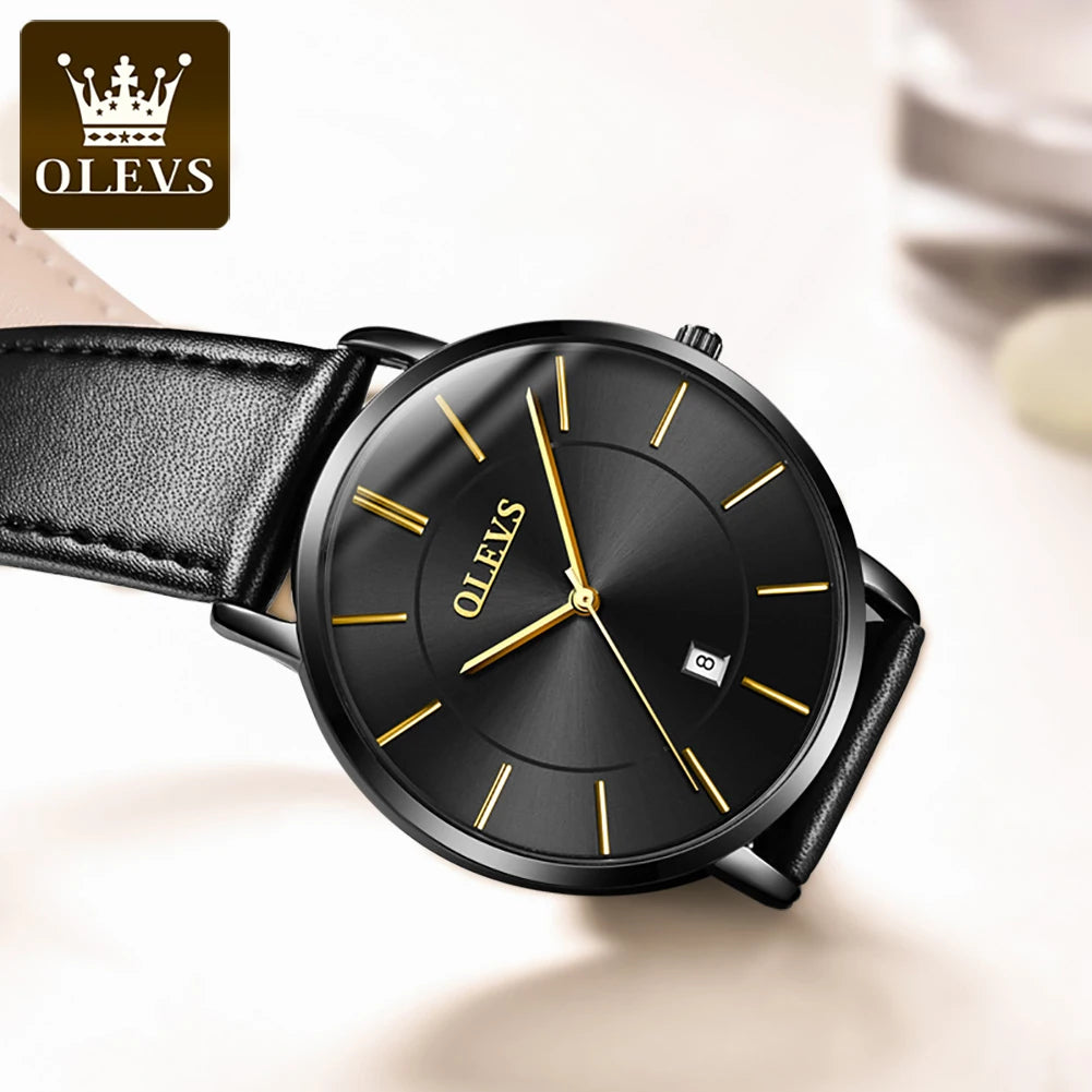 OLEVS 6.5mm Ultra Thin Quartz Watches Mens Top Brand Luxury Leather Waterproof Clock Male Classic Men Business Watch with Date - Sun Studio