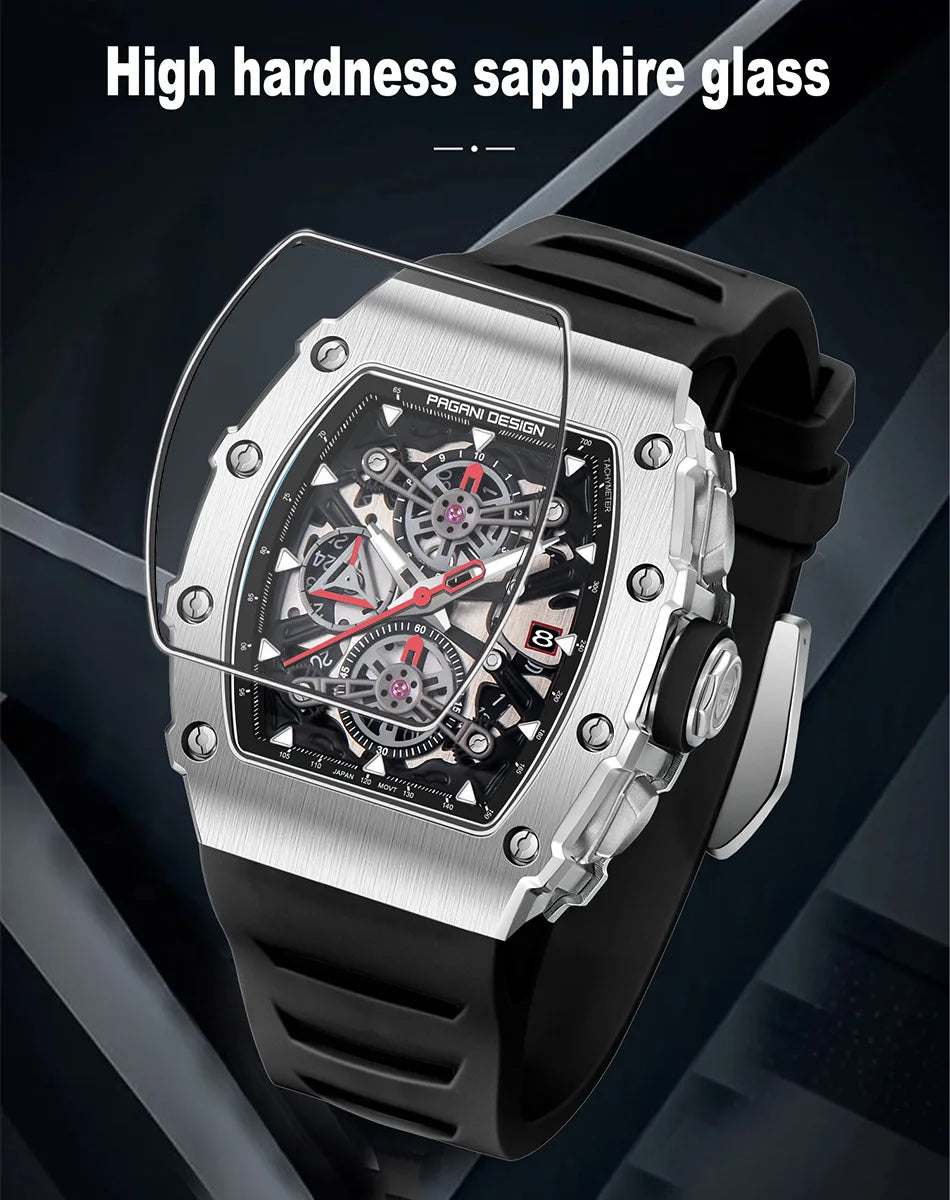 PAGANI DESING Men's Quartz Watches Skeleton Dial 100M Waterproof Sport Rectangle Sapphire glass Watch for Men - Sun Studio