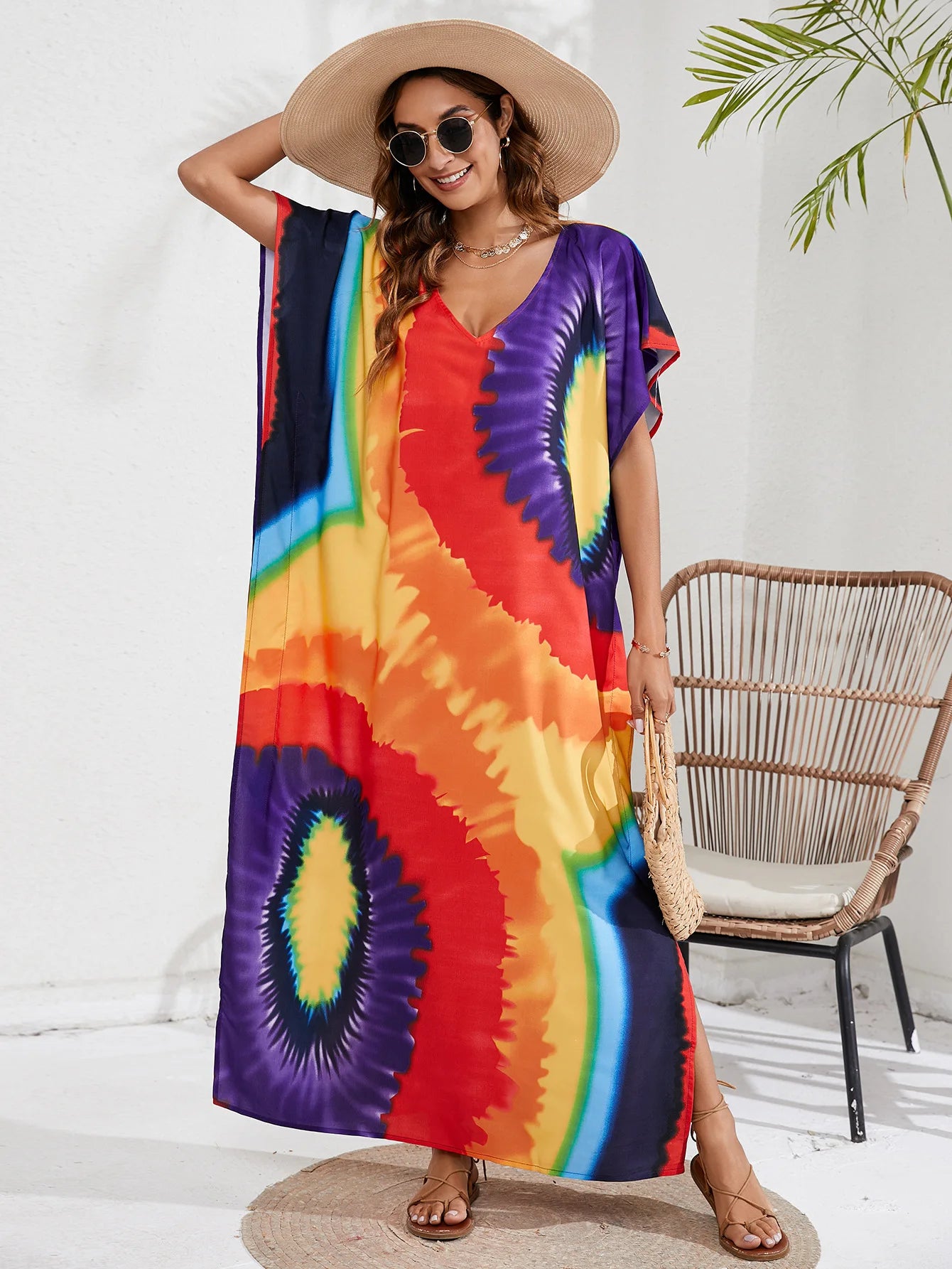 Kaftan Dresses for Women Plus Size Tie Dye Batwing Sleeve Caftans Swimsuit Coverup Maxi Dress Loungewear - Sun Studio