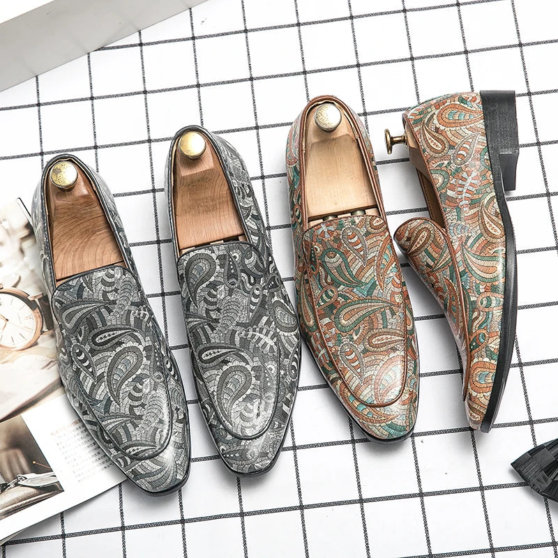 New British Style Fashion Trends Printed Leather Loafers Men Breathable Casual Shoes Men Slip-on Dating Driving Party Men Shoes - Sun Studio