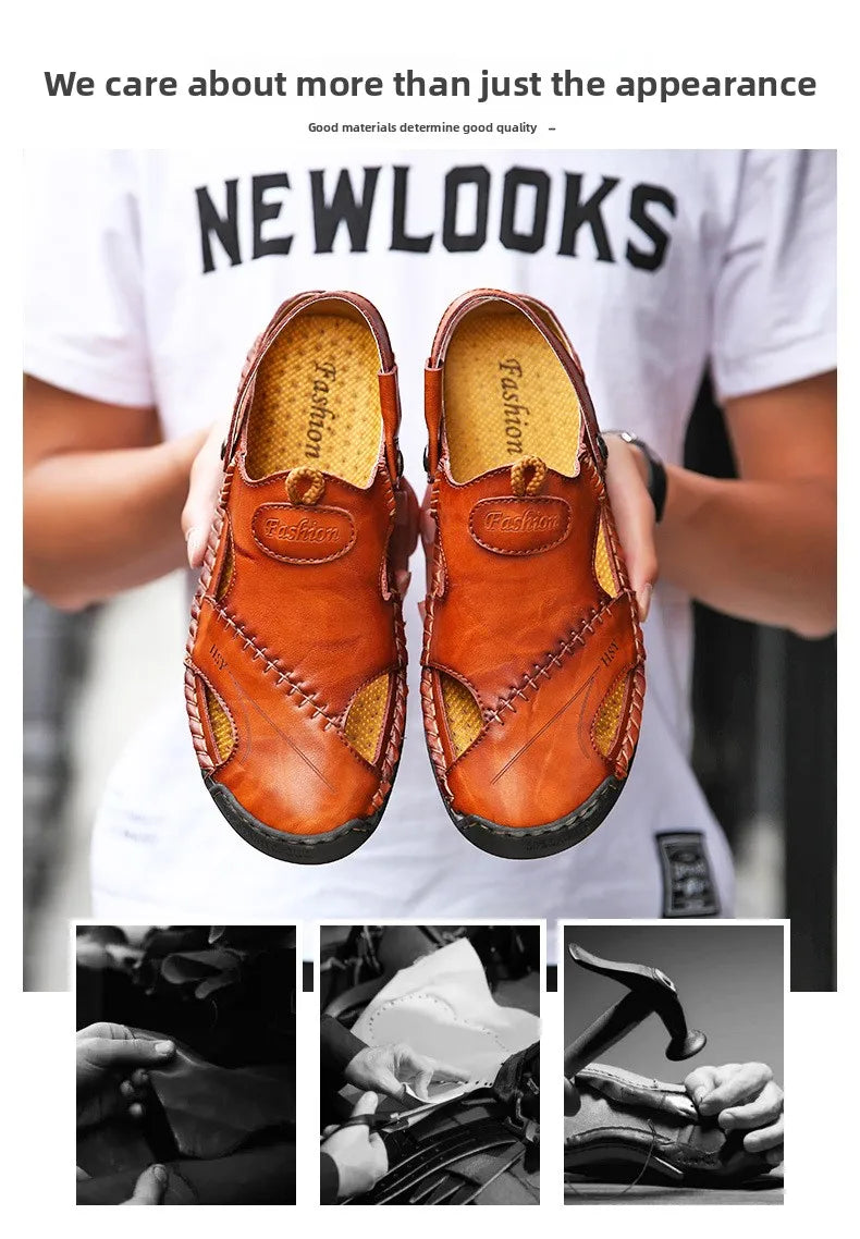 Large Size Men's Sandals Casual Leather Beach Shoes Breathable Slip-On Durable Stitched Construction Comfortable Walking Sandals - Sun Studio
