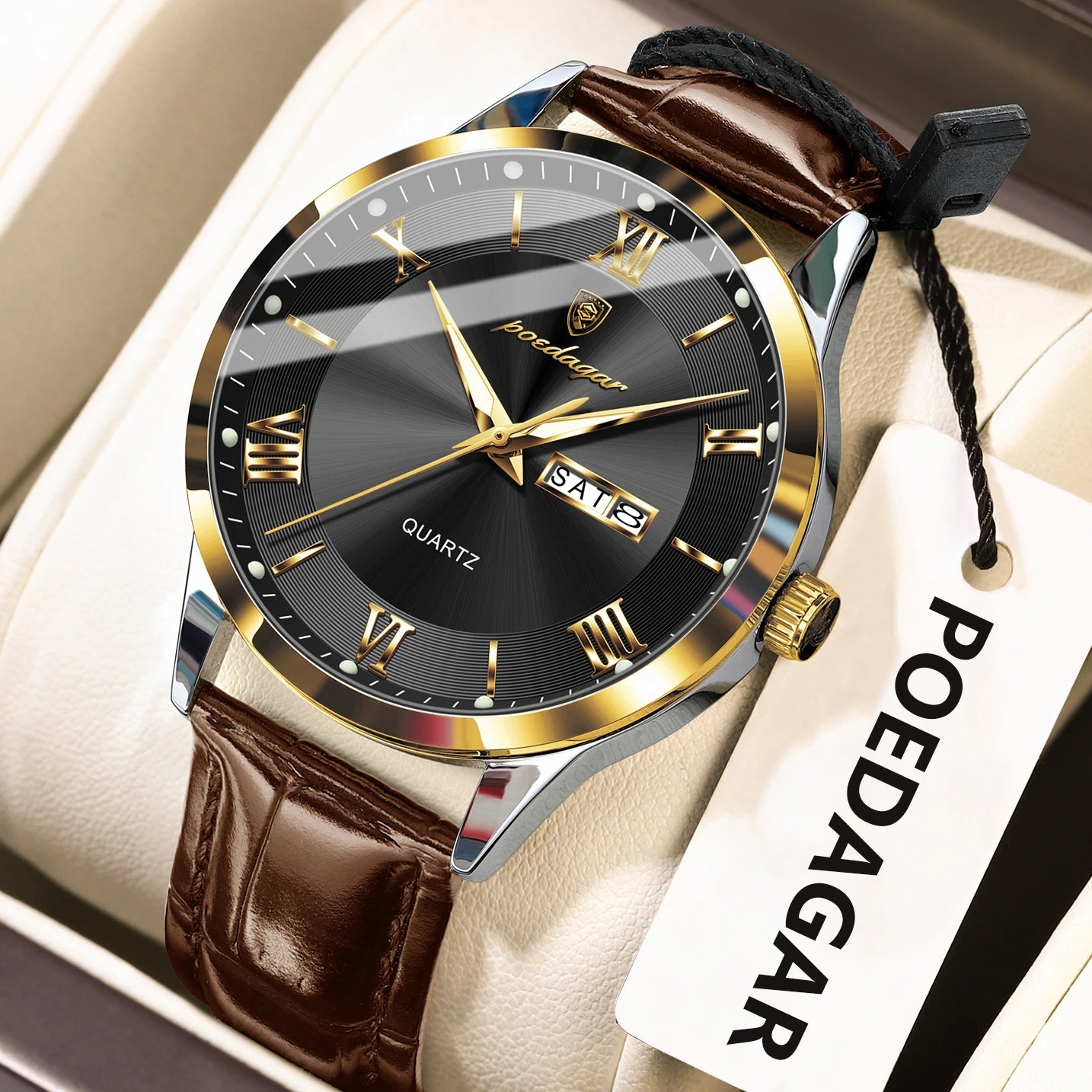 POEDAGAR Classic Luxury Men's Wristwatch Date Week Leather Business Man Watch Waterproof Luminous Fashion Quartz Watches For Men - Sun Studio
