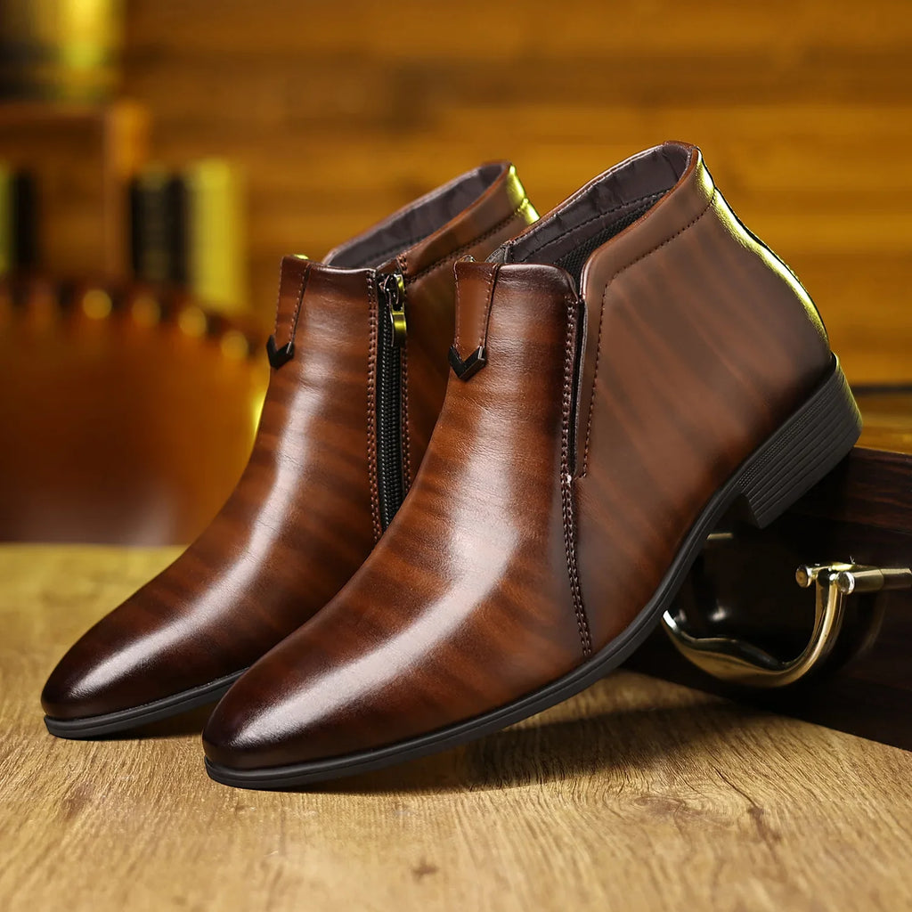 Retro Men Ankle Boots Luxury High-top Men Leather Shoes High Quality Non-Slip Motorcycle Boots Fashion Zipper Men Boots Big Size - Sun Studio