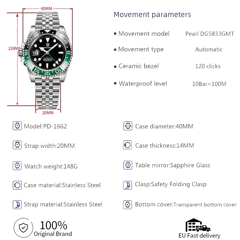 PAGANI DESIGN PD-1662 Luxury GMT Men Mechanical Wristwatch Sapphire Glass Stainless Steel 100M Waterproof Automatic Watches - Sun Studio