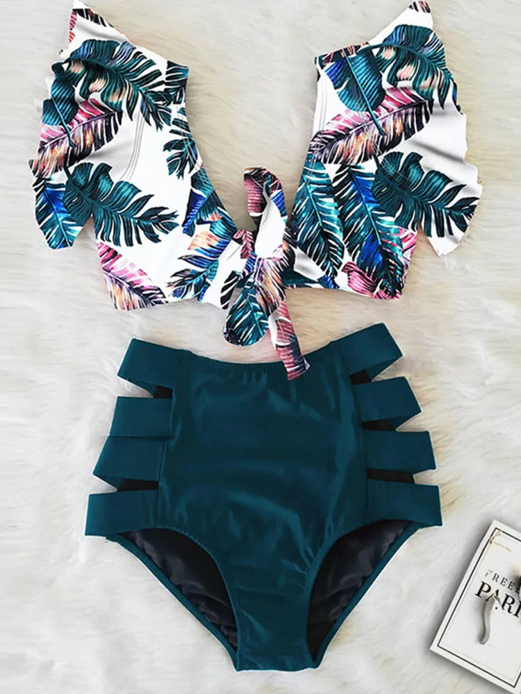 Floral Ruffled Hem Bikini Set Women Flora V-Neck High-Waisted Two Piece Swimsuit 2025 Girl Beach Bathing Suit Swimwear Biquinis - Sun Studio