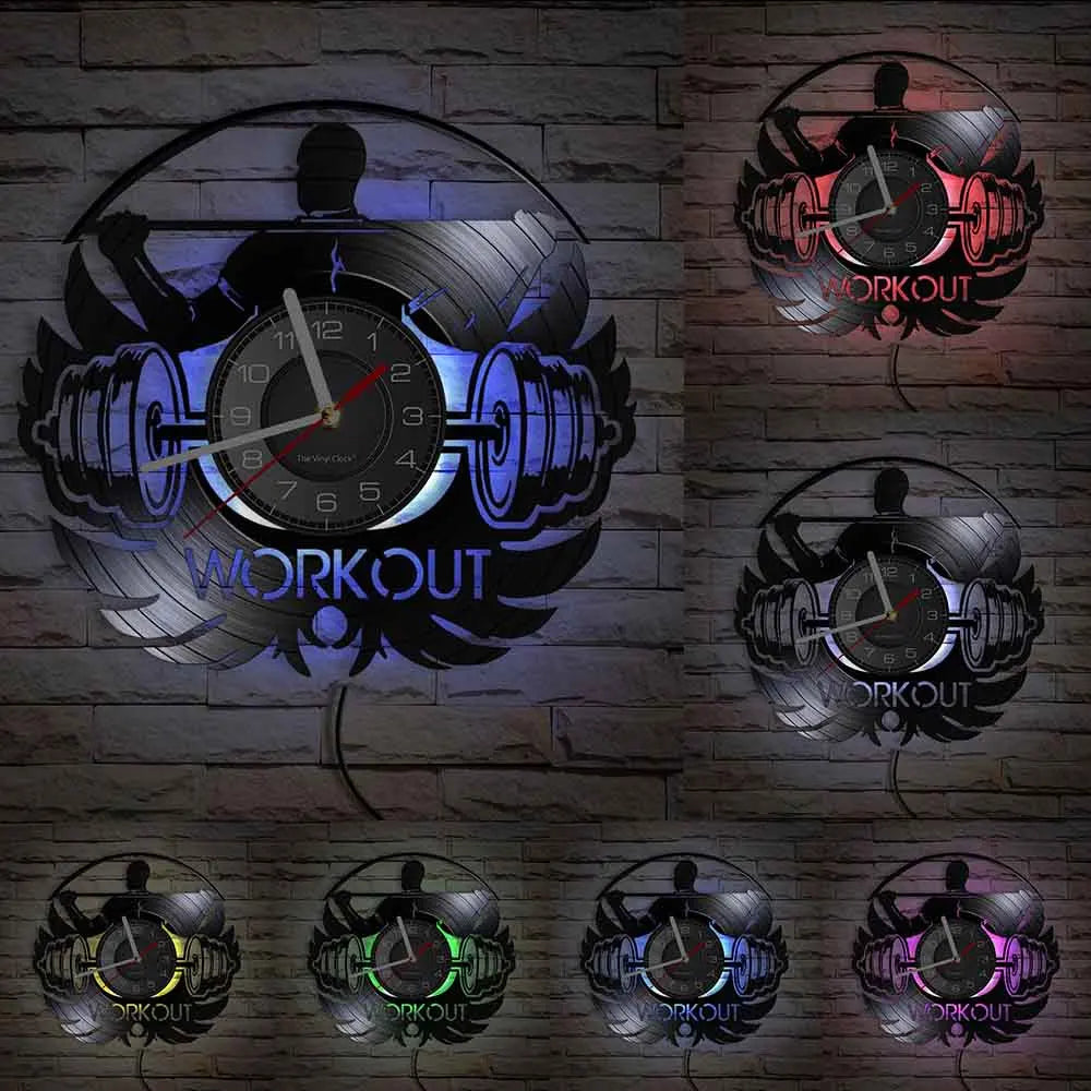Fitness Equipment Theme Vinyl Record Fitness Wall Clock Home Decoration LED Backlight Modern Fitness Watch