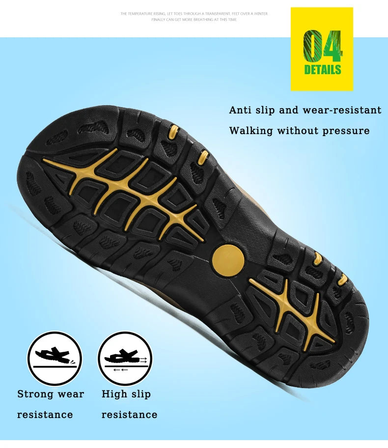 Men's Sandals Top Cowhide Upper Hollow Out Round Toe Outdoor Beach Walking Non Slip Durable Summer Beach Shoes Adjustable Buckle - Sun Studio