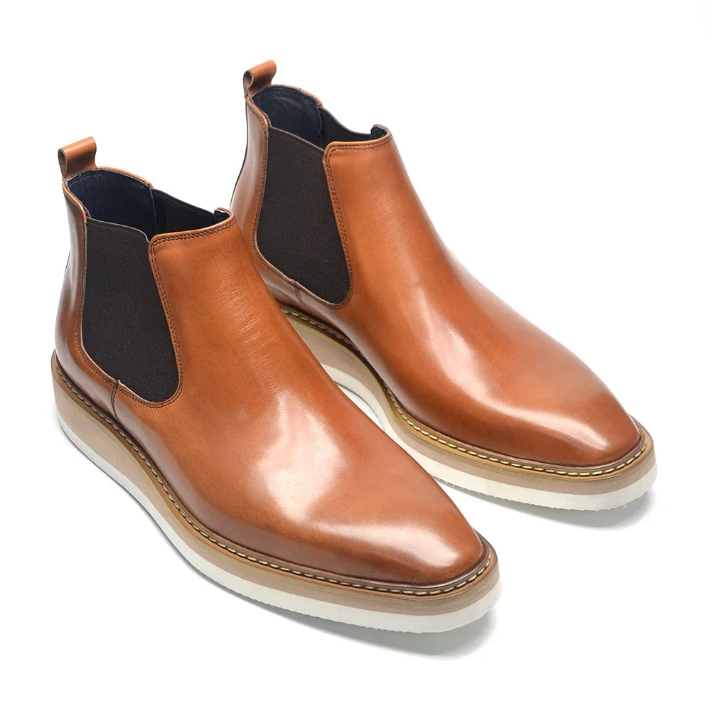 British Style Cow Genuine Leather Men's Chelsea Ankle Boots Slip-on Elastic Band High Top Sneakers Casual Dress Boot for Men