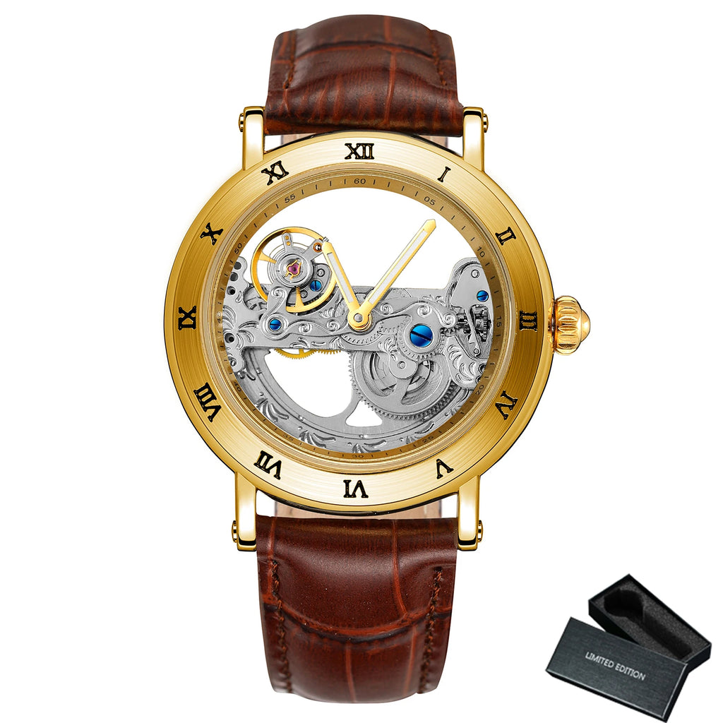 Forsining Silver Skeleton Automatic Watch Men Luminous Hands Business Retro Golden Bridge Mechanical Watches Steel Leather Strap - Sun Studio