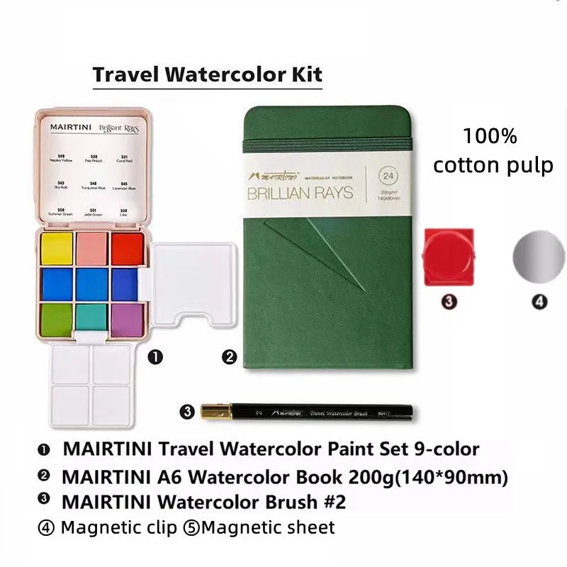 MAIRTINI Travel Watercolor Paint Set 9 Colors 100% Cotton Paper Mini Solid Water Color Paint With Palette Painting Supplies - Sun Studio