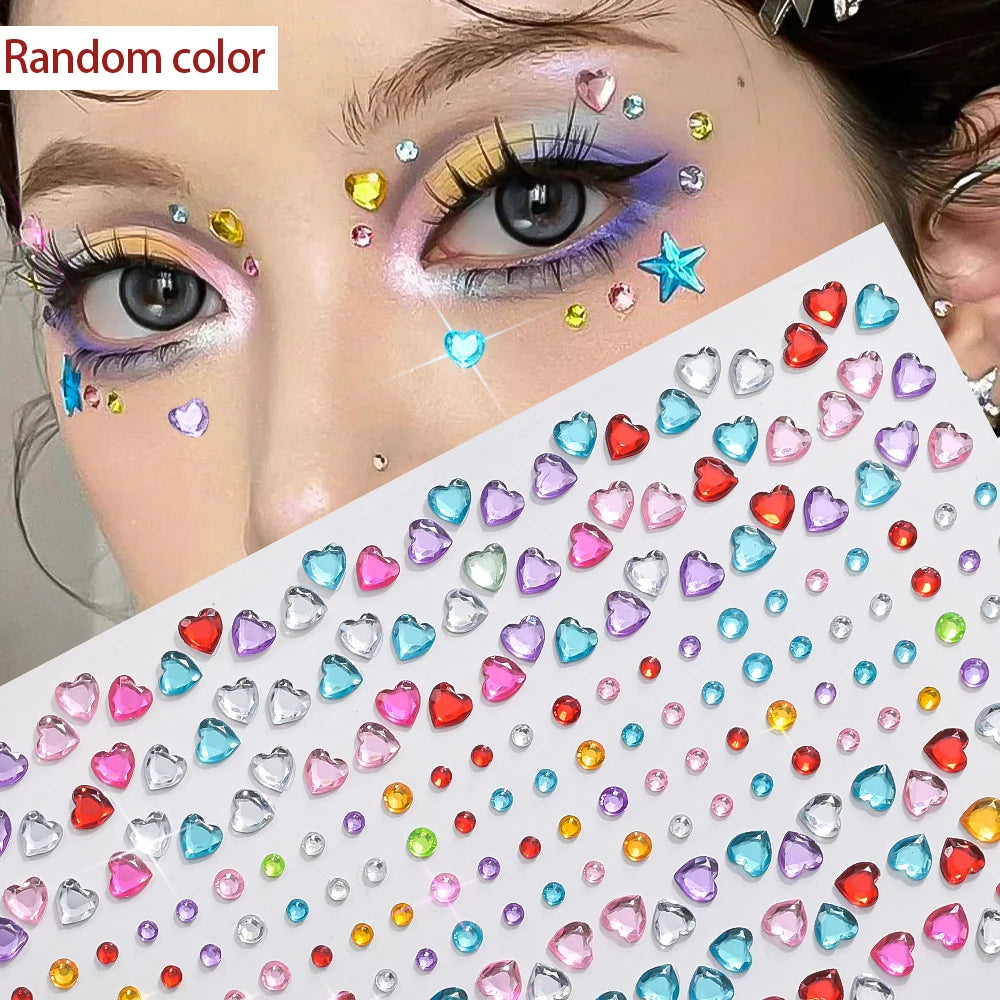 1sheet 900pcs Rainbow Face Glittle Gem Stickers Stick-On Facial Tattoo Eye Rhinestone Jewels 3/4/5mm Mix Wedding Party Make Up - Sun Studio
