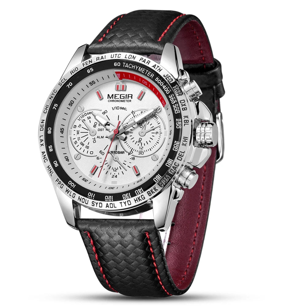 MEGIR Fashion Man's Quartz Analog Wristwatch Brand Waterproof Luxury Leather Watches for Men Casual Black Watch Male 1010 - Sun Studio