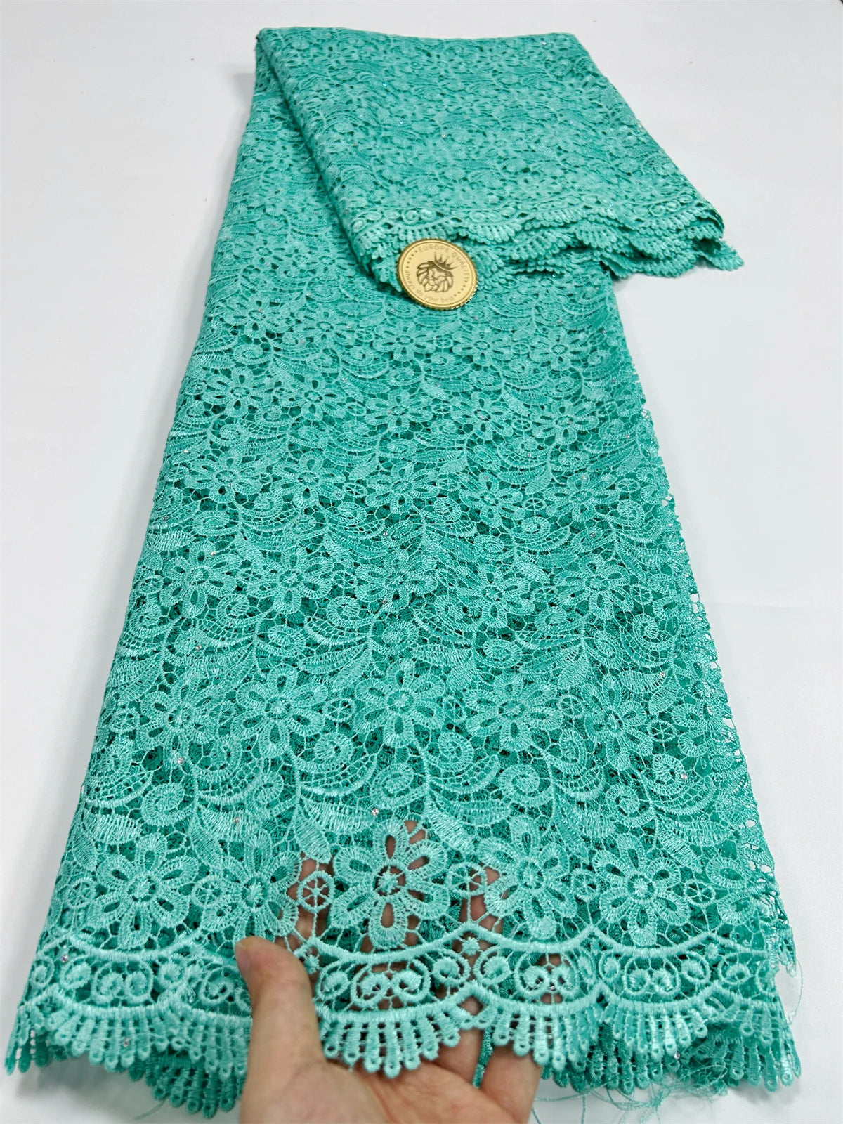 2024 Peach African Guipure Cord Lace Fabric with Stones Chemical Lace Fabric Water Soluble Lace For Women Evening Party Dresses - Sun Studio