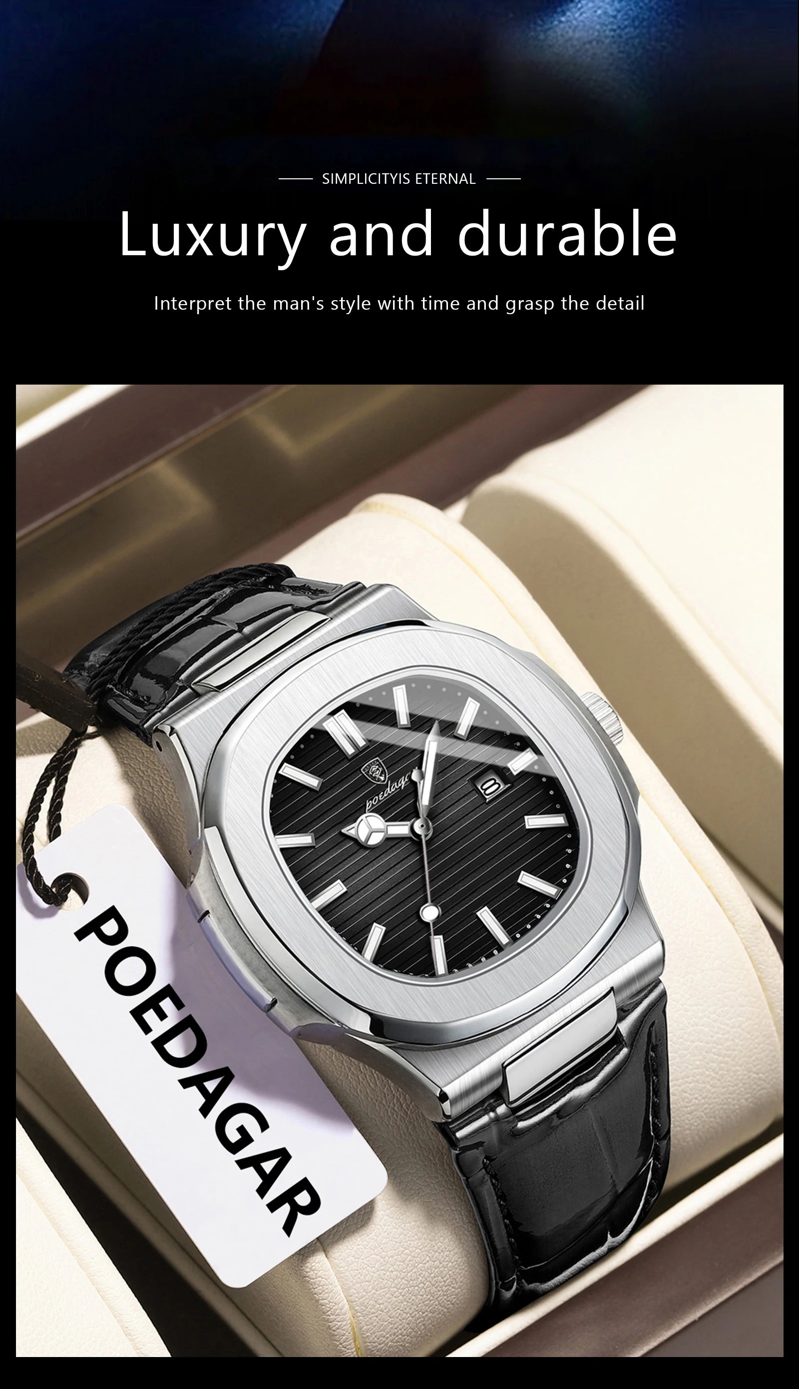 POEDAGAR Original Fashion Men's Wristwatch Date Waterproof Luminous Leather Watches For Men High Quality Square Quartz Man Watch - Sun Studio